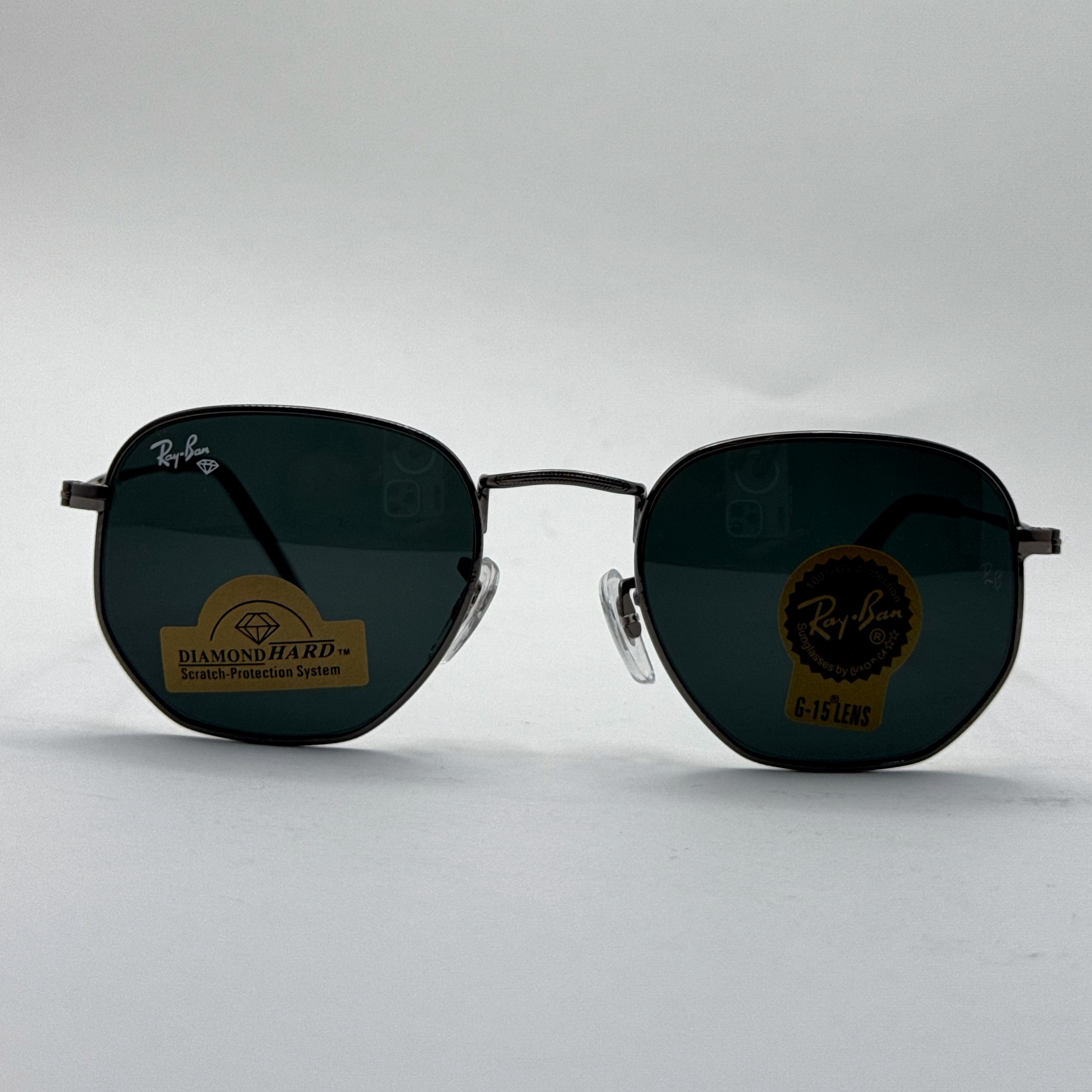 عینک ریبن هگزونال شیشه سنگ فریم نوک مدادی عدسی مشکی به همراه پک کامل ریبن کد Rayban RB 3548