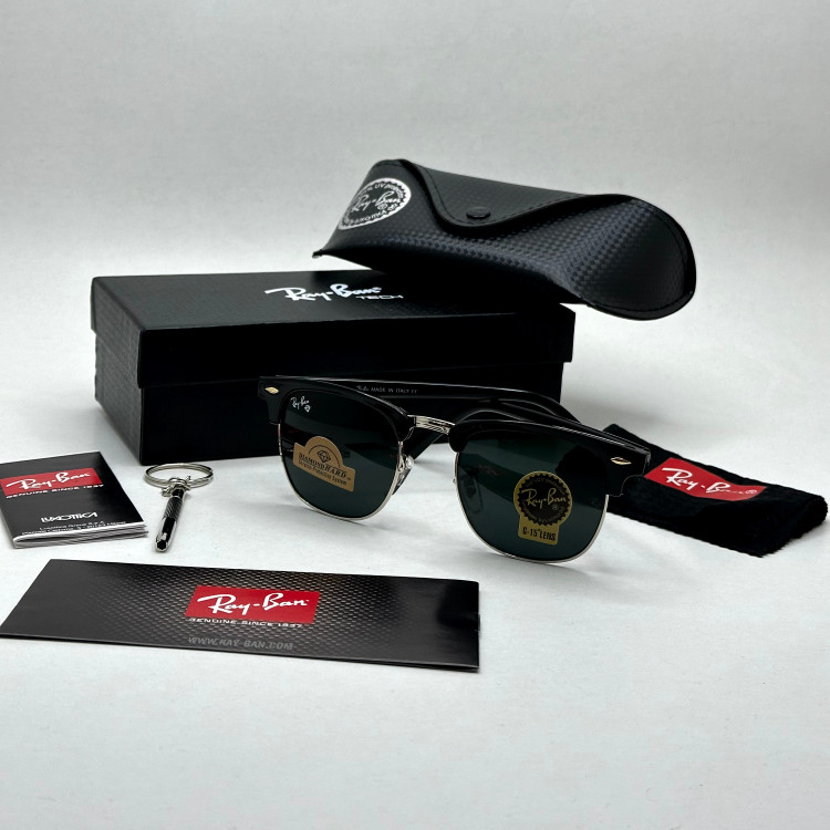 عینک آفتابی کلاب مستر ریبن rayban شیشه سنگ مشکی فریم نقره ای به همراه پک کامل RB 3016