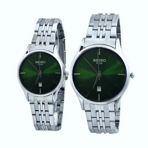 ست ساعت مچی عقربهای کوارتز زنانه و مردانه مدل ریزبافت صفحه ساده کلاسیک کد 008