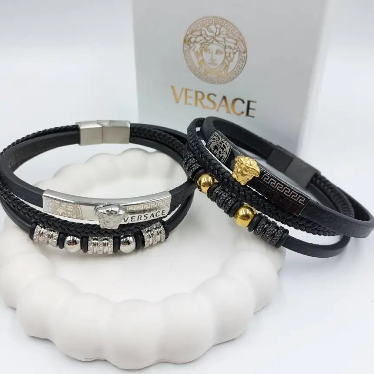 دستبند مردانه و پسرانه چرم پلاک استیل طرح ورساچ VERSACE سه لاین رنگ ثابت کد amp (پس کرایه)