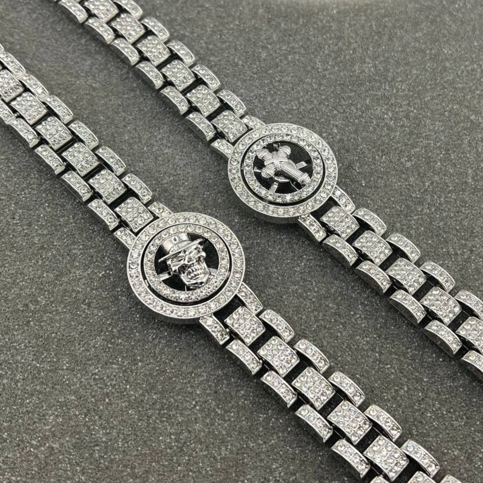 دستبند اسپرت فول نگین کاری شده پلاک برگ استیل عیار 316 رنگ ثابت کیفیت عالی ضد حساسیت کد zki (پس کرایه)