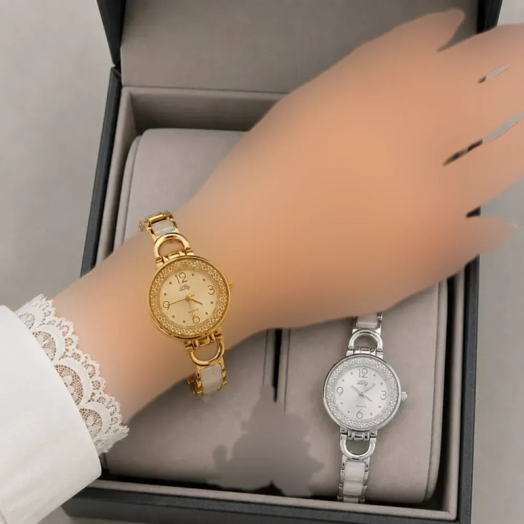 ساعت مچی زنانه بند استیل طرح سرامیکی نگیندار با جعبه کادویی