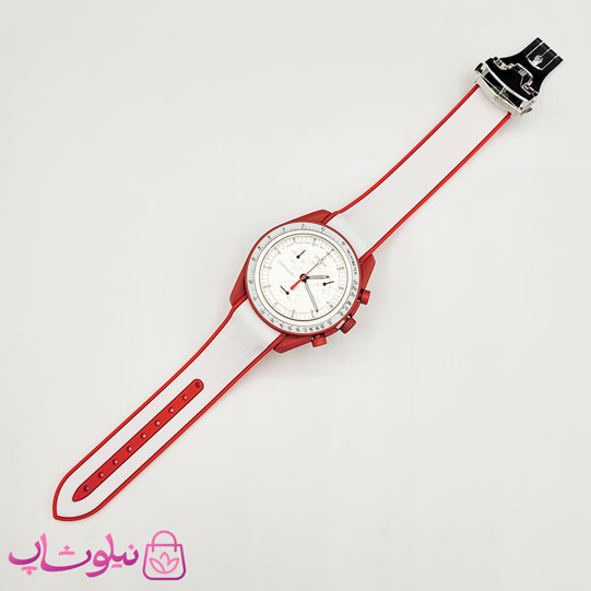 ساعت امگا سواچ moonswatch با بند رابر زنانه مردانه رنگ سفید قرمز کیفیت مستر کد 3750