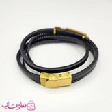 دستبند مردانه گوچی چرم استیل چندلاین مشکی طلایی کد 348
