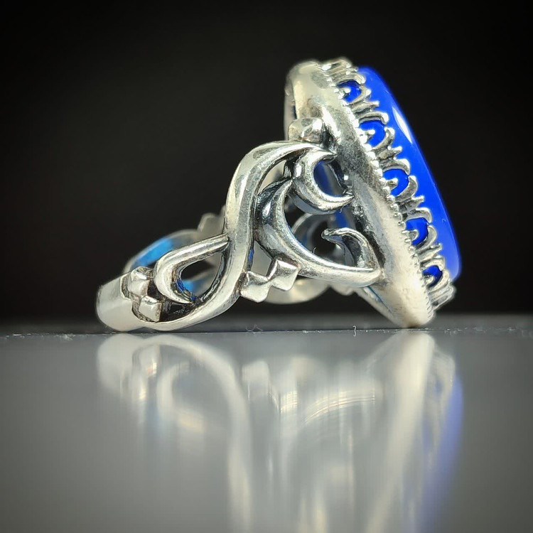 انگشتر الیاژی باسنگ عقیق آبی حکاکی یارقیه بنت الحسین با رکاب یاحسین کد 8147