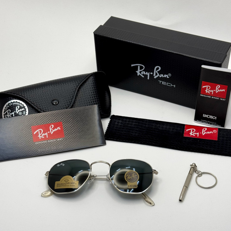 عینک ریبن هگزونال شیشه سنگ مشکی فریم نقره ای به همراه پک کامل ریبن کد Rayban RB 3548 (ارسال رایگان)