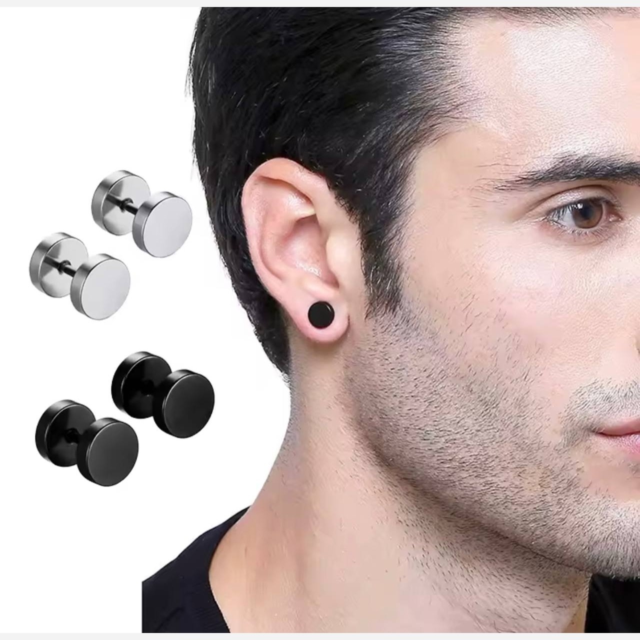 پیرسینگ گوش استیل ساده نقره ای و مشکی